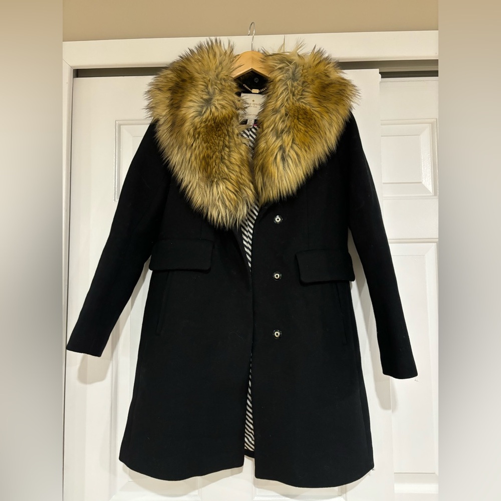 Rare Kate Spade fur collar coat, black with silk lining